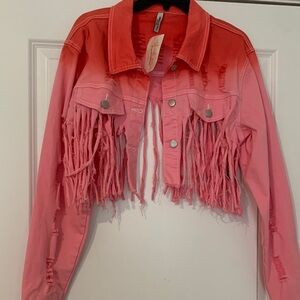 American Bazi LA Ombre Pink Fringed Denim cropped Jacket XL NWT